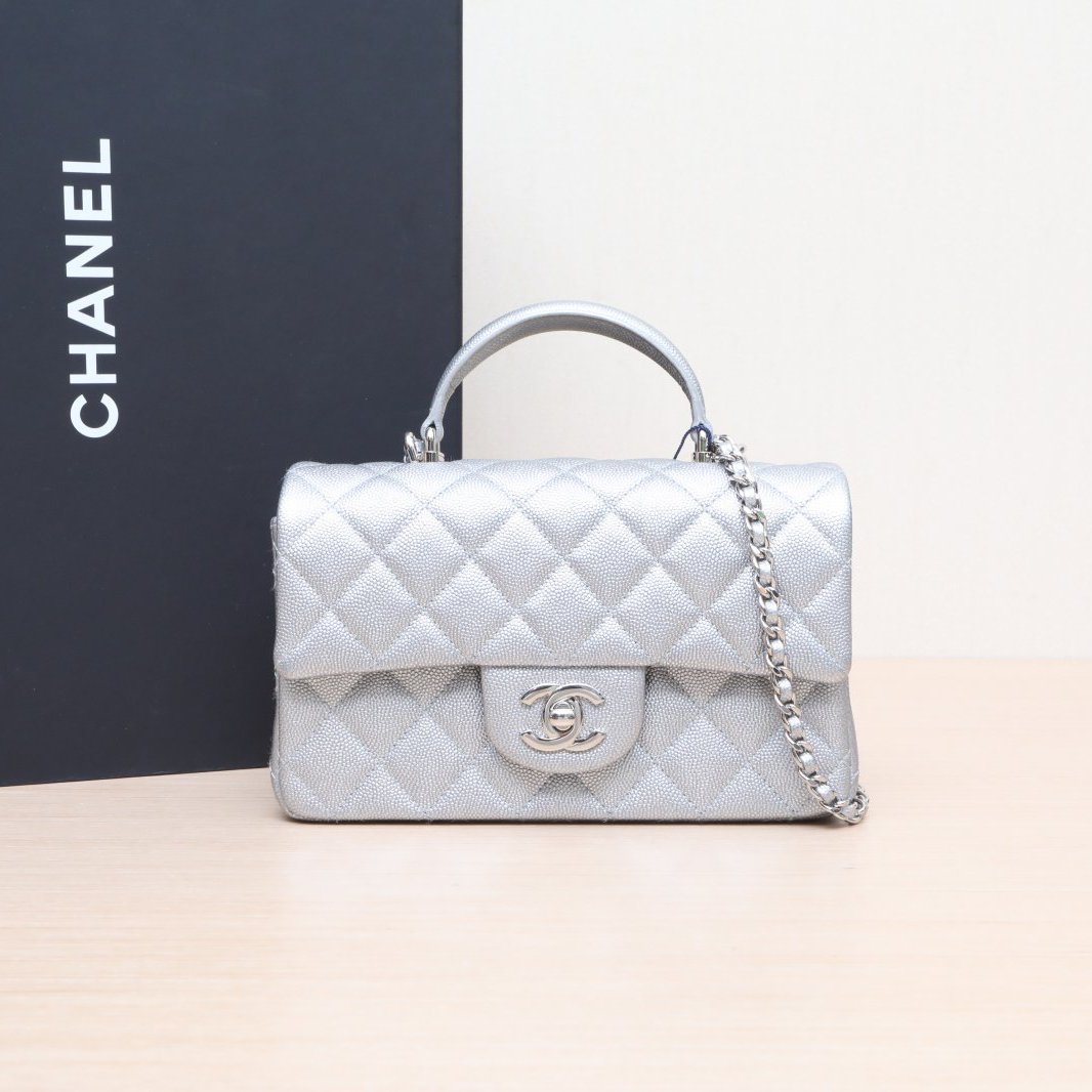 99新 Chanel/香奈儿 小花6欢 CF 口盖包 手柄大Mini 银色 31开