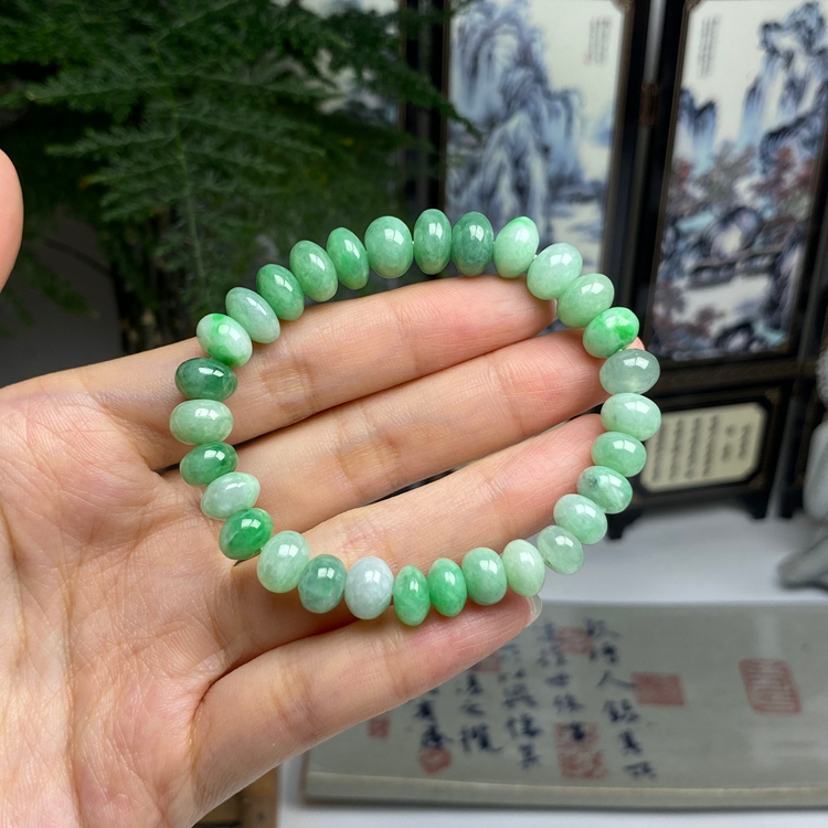 果绿满色灯笼算盘珠手串手链 天然翡翠A货
