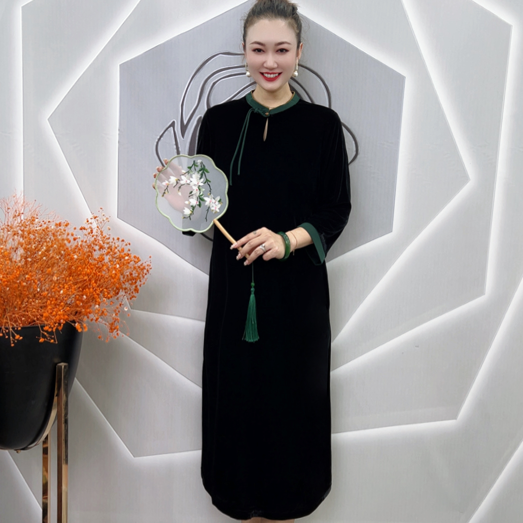  中式步摇盘扣撞色显瘦中老年妈妈裙9617