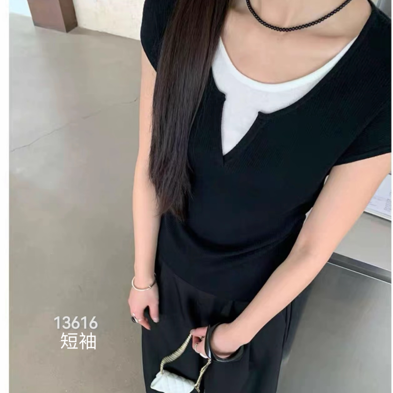 13616（部分无水洗唛，介意慎拍）WANGDAN新款假两件腰间抽绳短袖