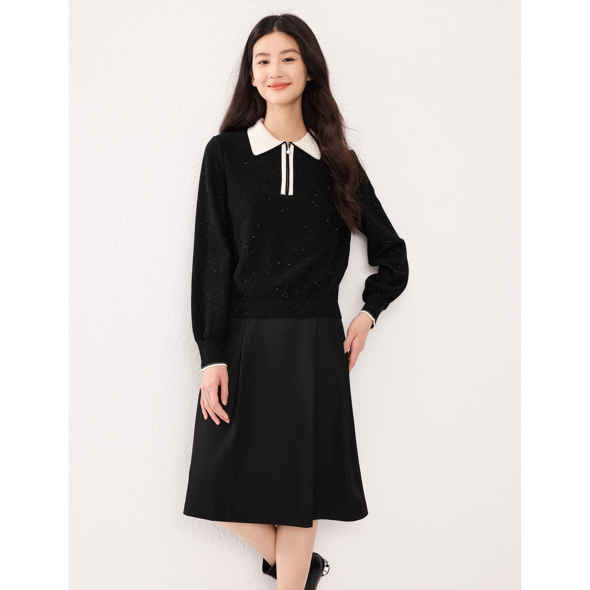 【李老板专属】绵羊毛通勤气质通勤拼接假两件连衣裙女EF03509W0