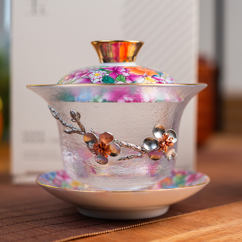 珐琅彩捏花玻璃三才盖碗G1108