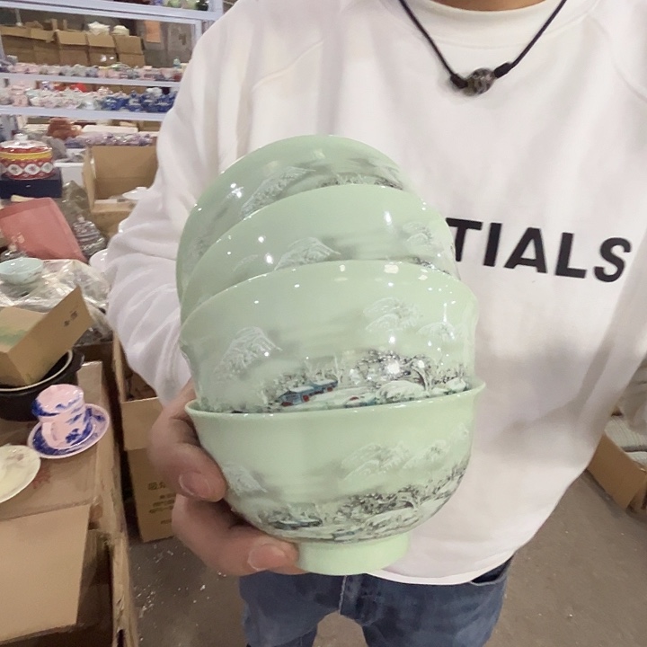瓷片景德镇陶瓷绿嘻嘻雪景米饭碗4只