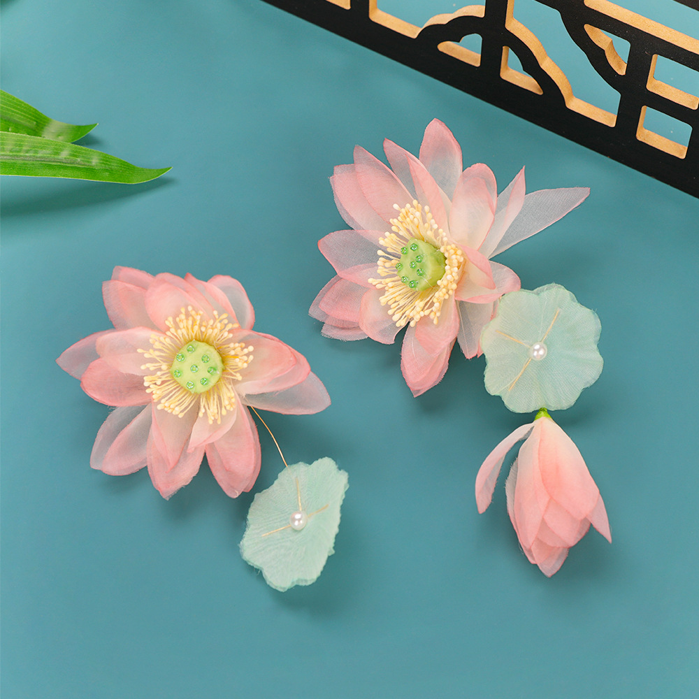 2025古风清新荷花粉色烫花绢纱宫廷百搭气质少女绢纱发夹烫花发饰