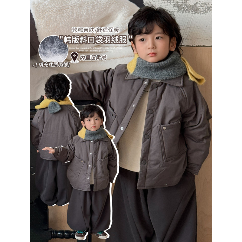 《中控推荐》森系男童女童内里加绒羽绒服冬斜口袋上衣厚25DL699