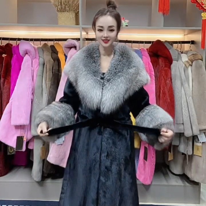 水貂皮草外套女进口整貂皮十字貂大衣超大狐狸毛领长款高奢新