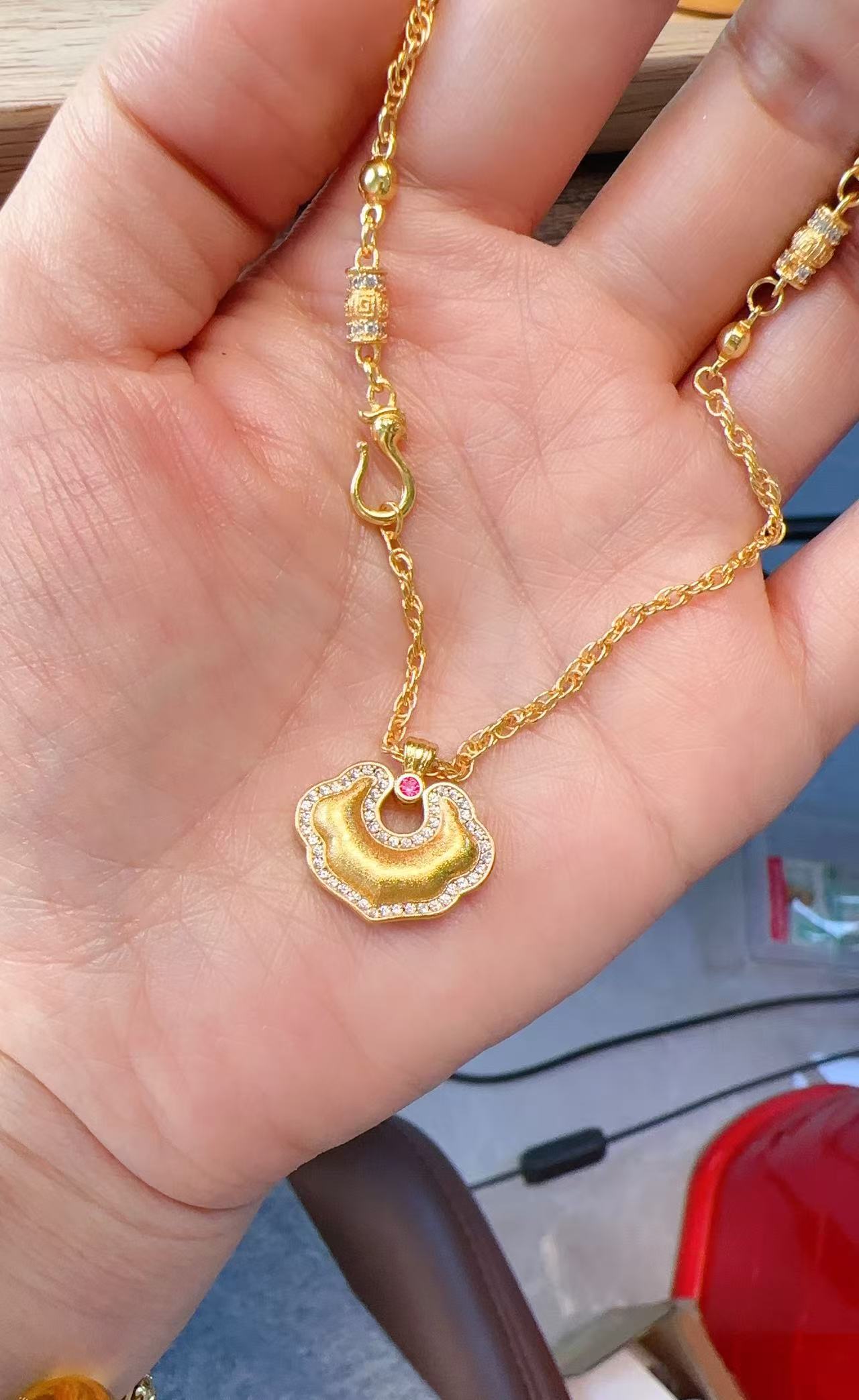 铜合金项链 SQ思岐新中式-拉丝点锆如意平安锁项链5880