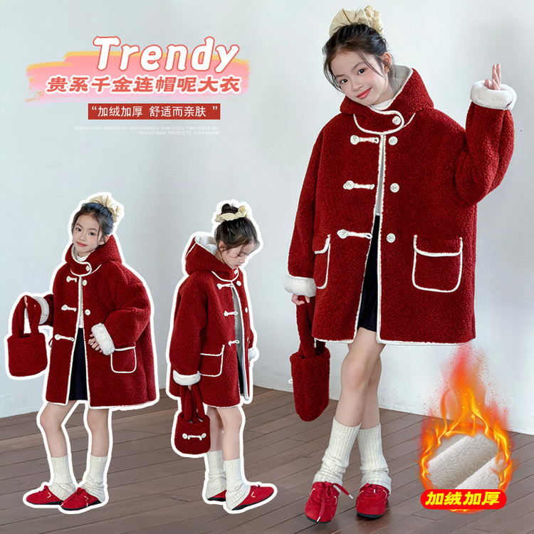 2025新款冬季女童红色加绒连帽大衣时尚保暖外套百搭冬装