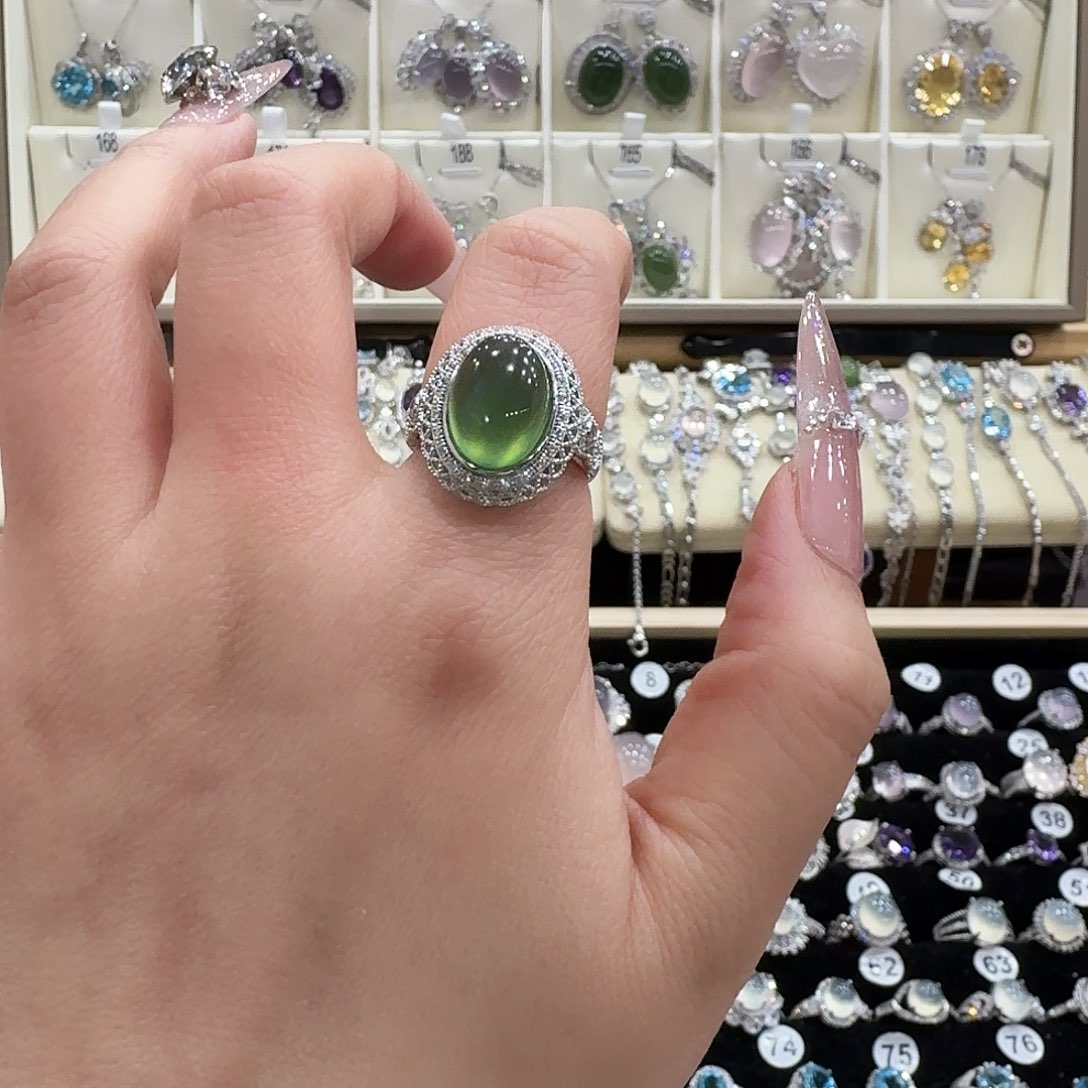 包***）蛇纹石玉银S925镶嵌戒指