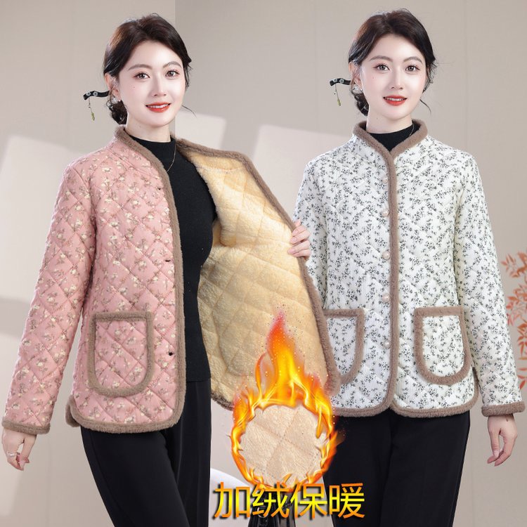 冬季新款复古立领加绒加厚中老年妈妈小碎花保暖外穿棉衣妈妈装