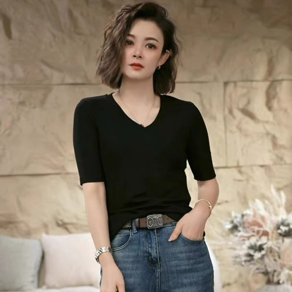 高品质欧货中袖V领t恤女秋新款气质显瘦五分袖高弹力内搭打底上衣