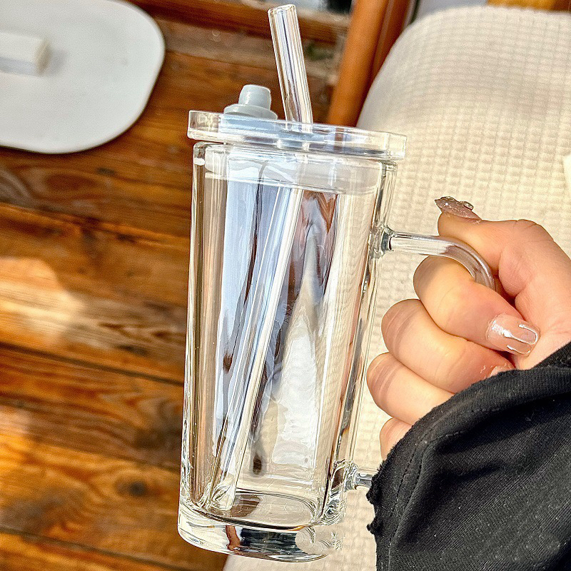 透明方形水杯带杯盖果汁杯咖啡杯家用简约大容量