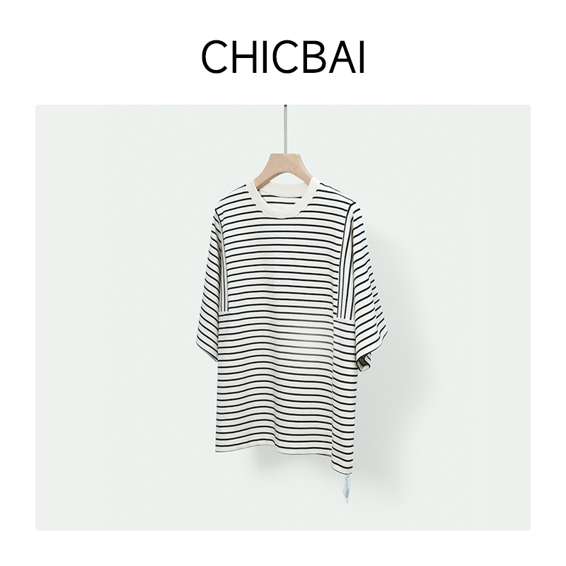 CHIBAI 拼接条纹针织短袖T恤