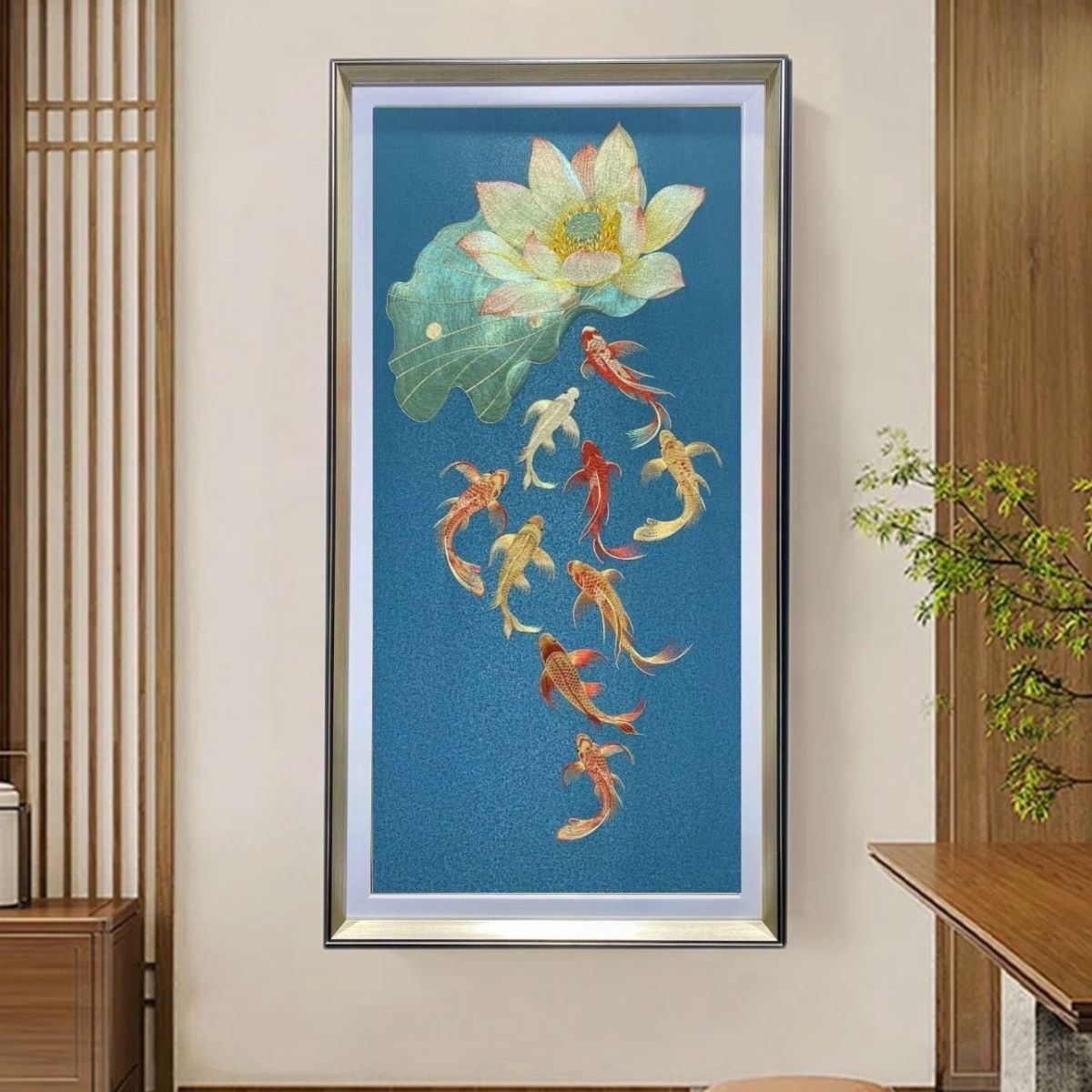 九鱼图入户玄关装饰画竖版九龙鱼挂画聚财招财玄关画壁画过道走廊