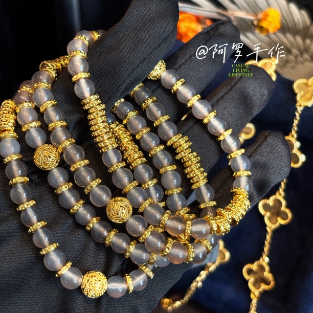 铜合金仿水晶手链 【阿罗手作】新中式“冰透灰粉串珠”弹力手串手链