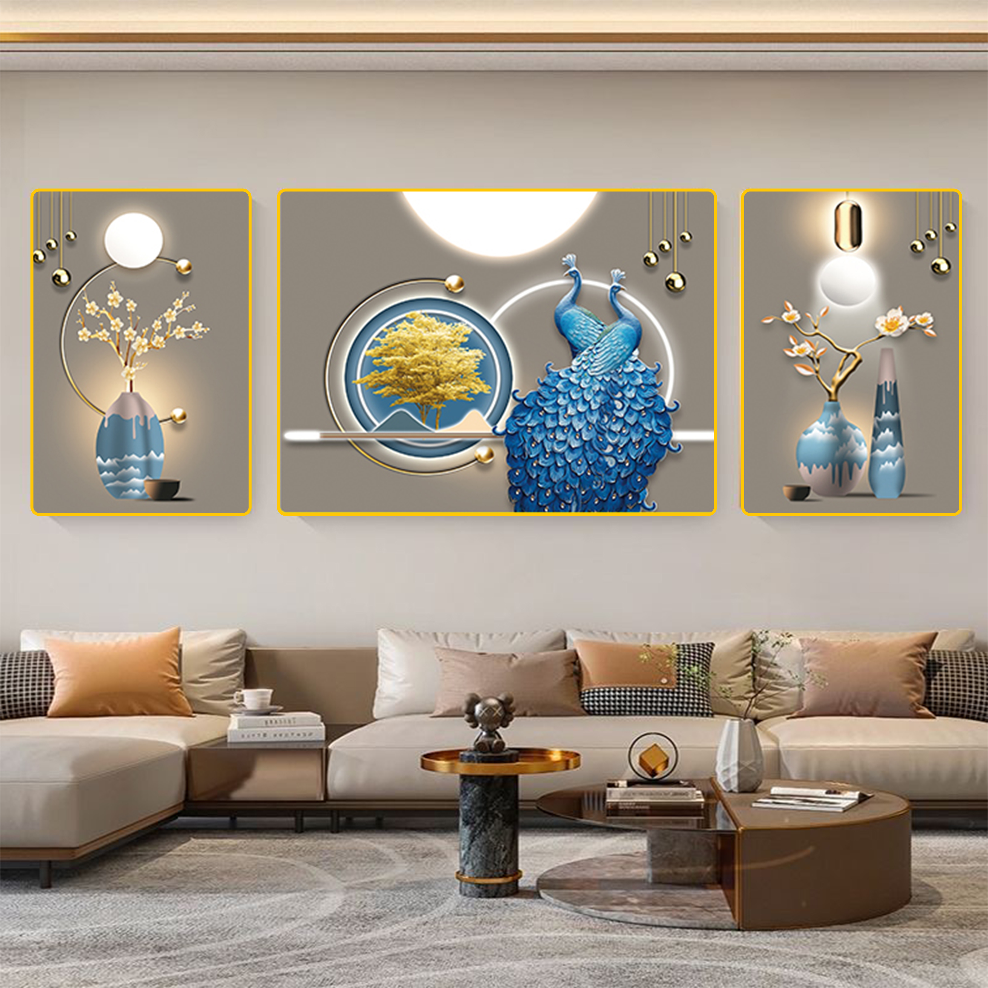 三联画轻奢客厅装饰画沙发背景墙壁画现代简约大气挂画晶瓷画M002