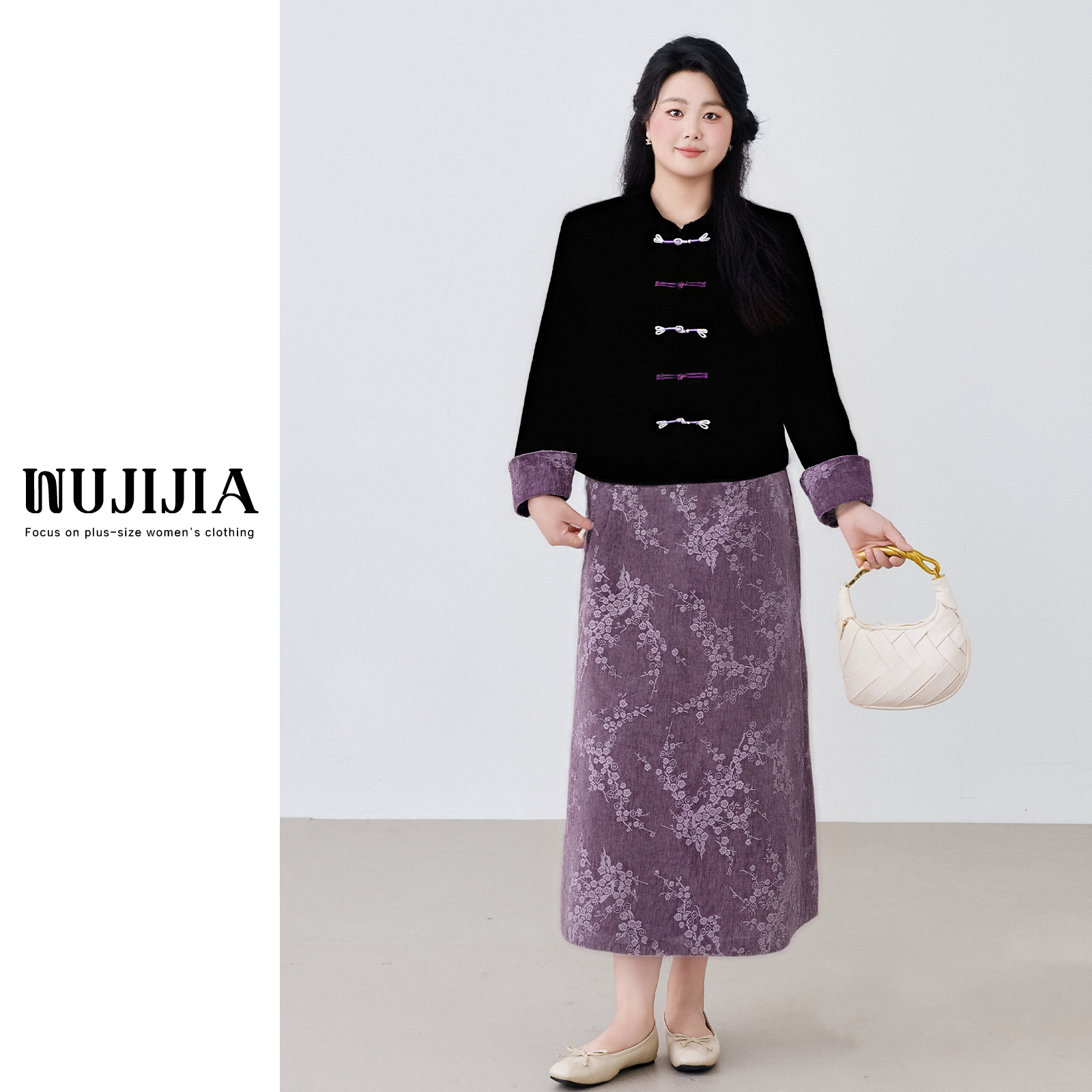 【鹿鹿】五季家 秋冬新中式紫色显瘦上衣遮肉半身裙套装ZL100804