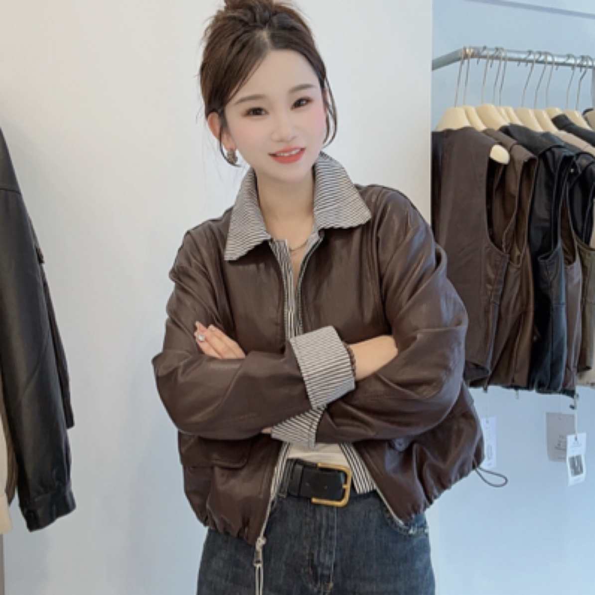 【暖暖专属】拼接衬衫夹两件秋季宽松型皮衣复古夹克痞帅复古风