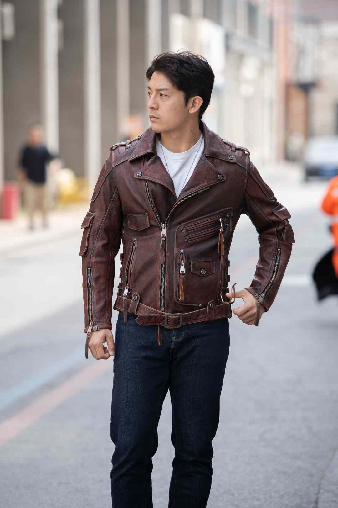 重磅哈雷机车服短款皮夹克头层牛皮多拉链翻领骑行服