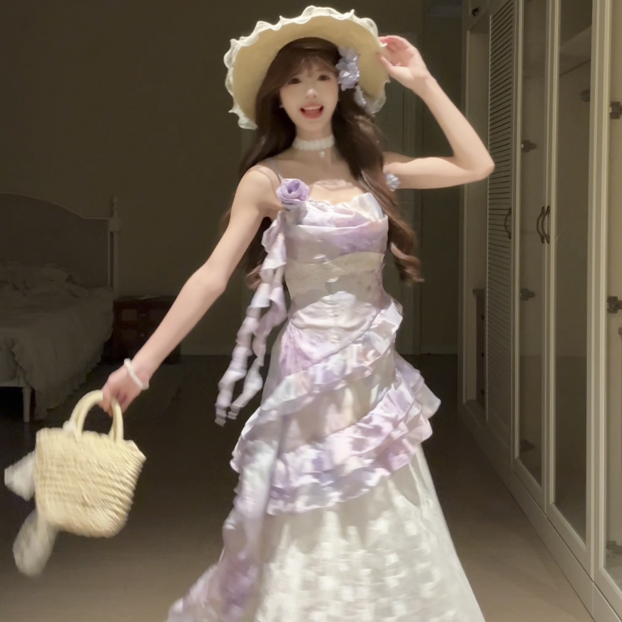 桔梗house 蝶栖流霞【现货】紫色碎花晕染不对称上衣杏色蕾丝长裙