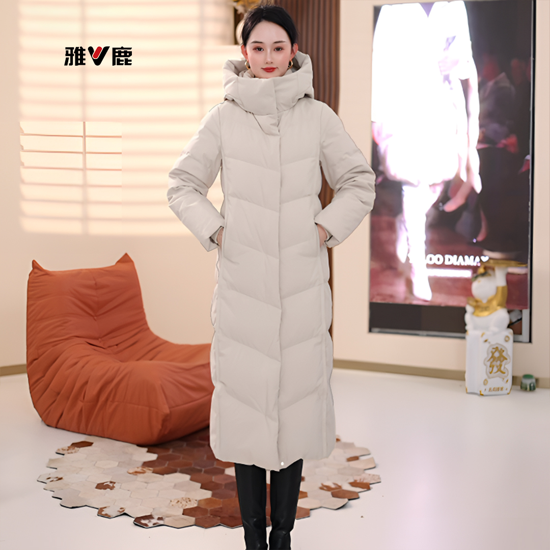 新款连帽加厚修身显瘦中长款白鸭绒羽绒服外套潮白鸭绒户外收腰