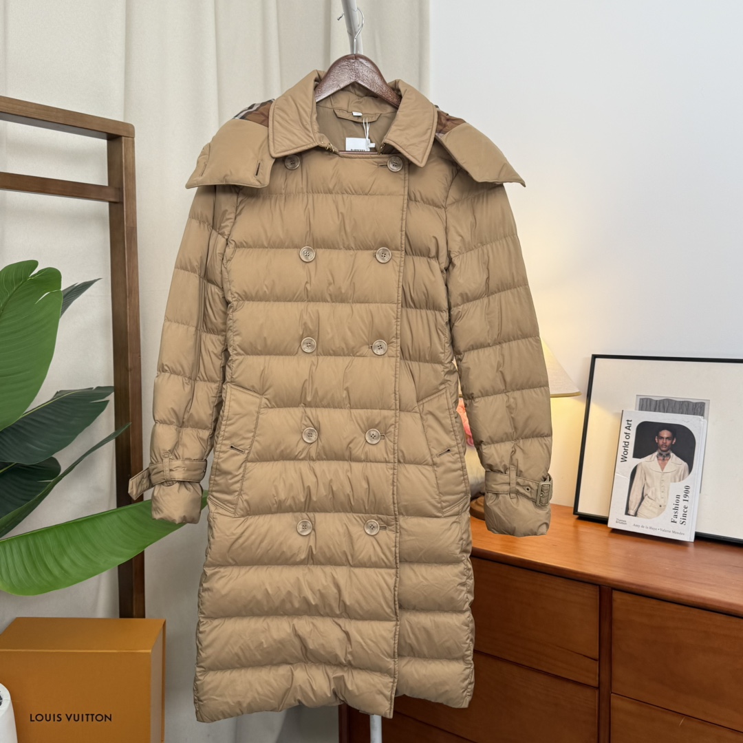 99新 BURBERRY/博柏利 青奢荟/M码/巴宝莉卡其棕中长羽绒服/89877