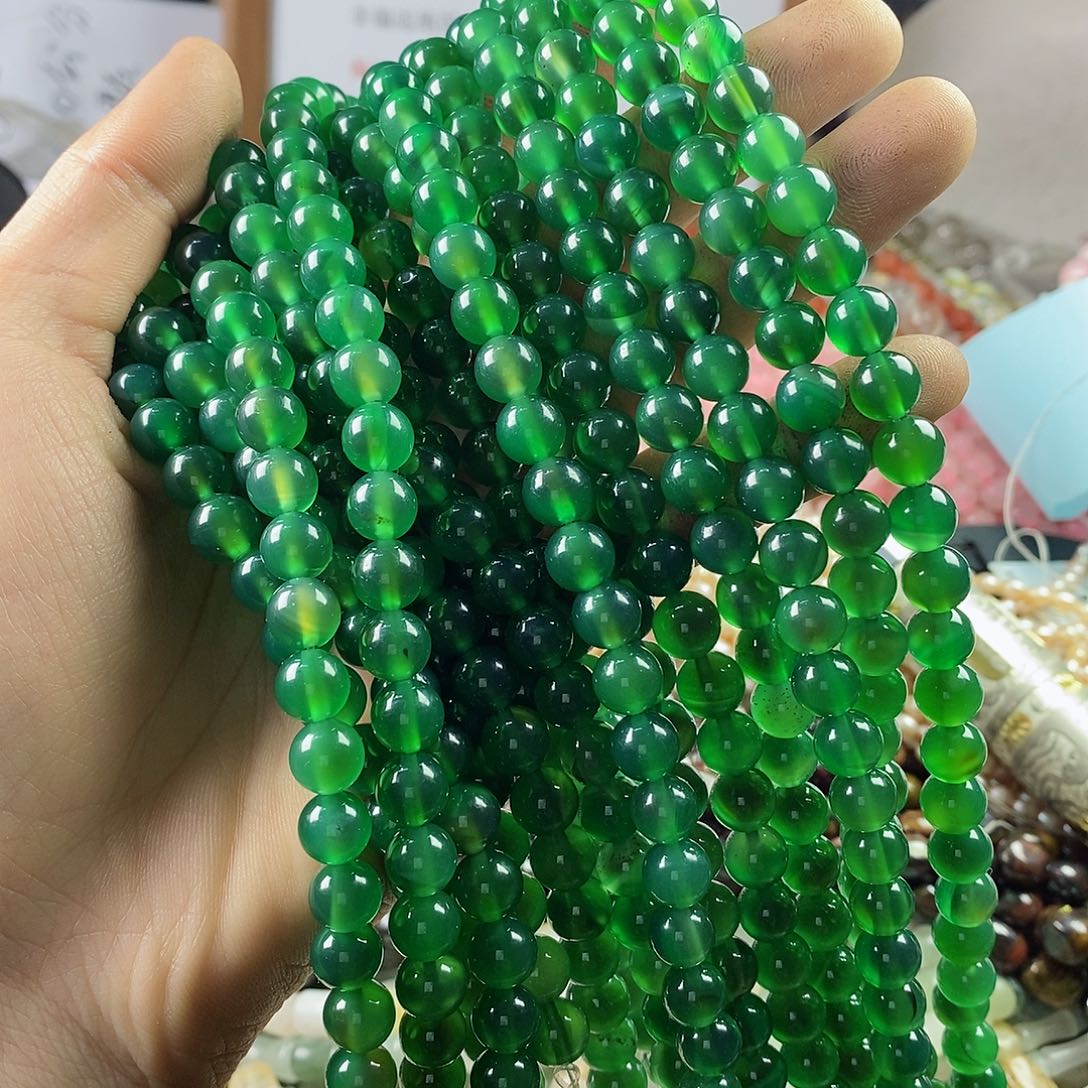 玛瑙/玉髓珠宝半成品合金一条天然8mm绿玛瑙圆珠A级