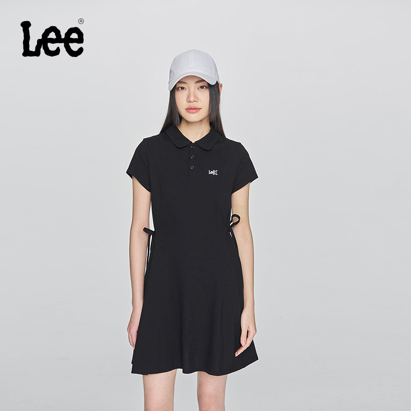 Lee25早春修身版翻领黑色女短袖polo连衣裙休闲LWT009861205