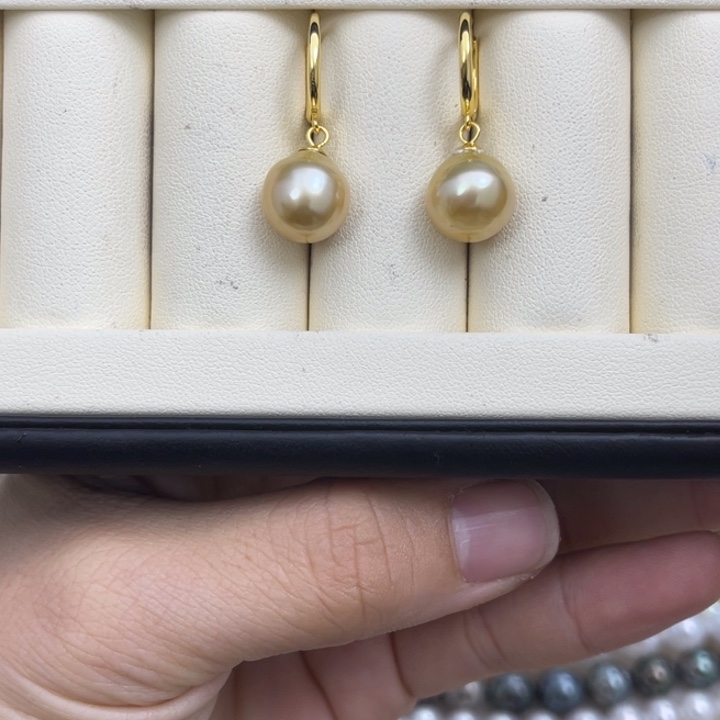 海水珍珠耳饰银S925镶嵌金珠耳饰11-12mm