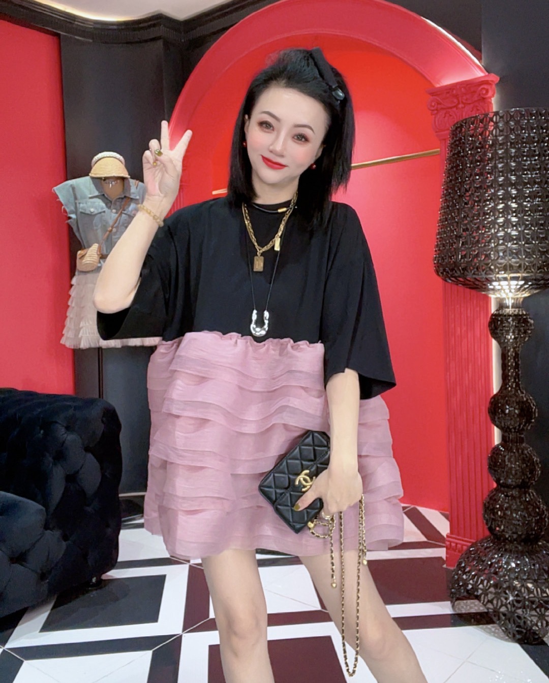 筱欧货假两件短袖t恤女新款拼网纱大版半袖体恤设计感上衣56108