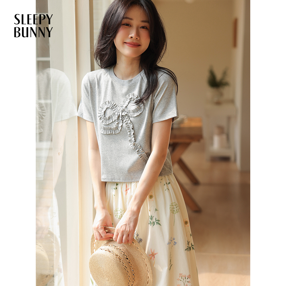 B瞌睡兔【清苍】圆领灰色正肩T恤女夏百搭显瘦薄款修身上衣2551996