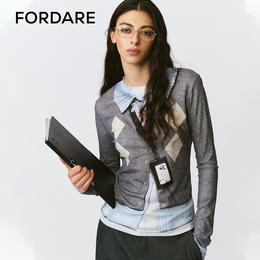 FORDARE福蝶 25早秋新品 趣味假两件3D印花工牌菱格打底衫3724