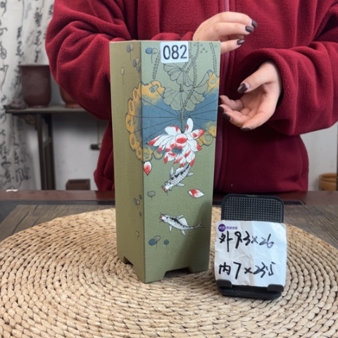 紫砂花盆超精品果绿荷花手绘签筒082