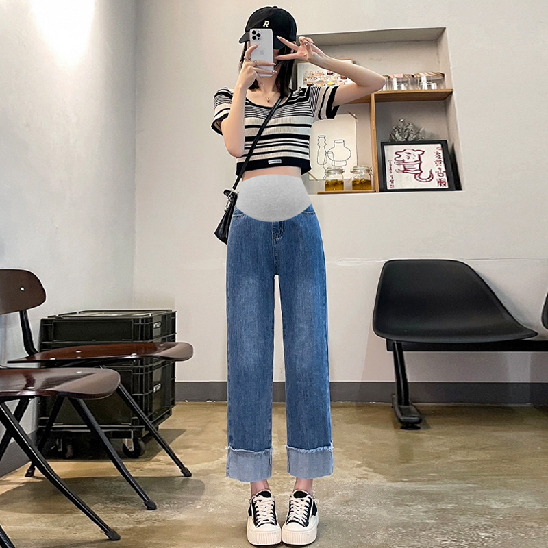 孕妇直筒牛仔绒春秋外穿简约初秋款牛仔裤休闲宽松型直筒裤九分裤