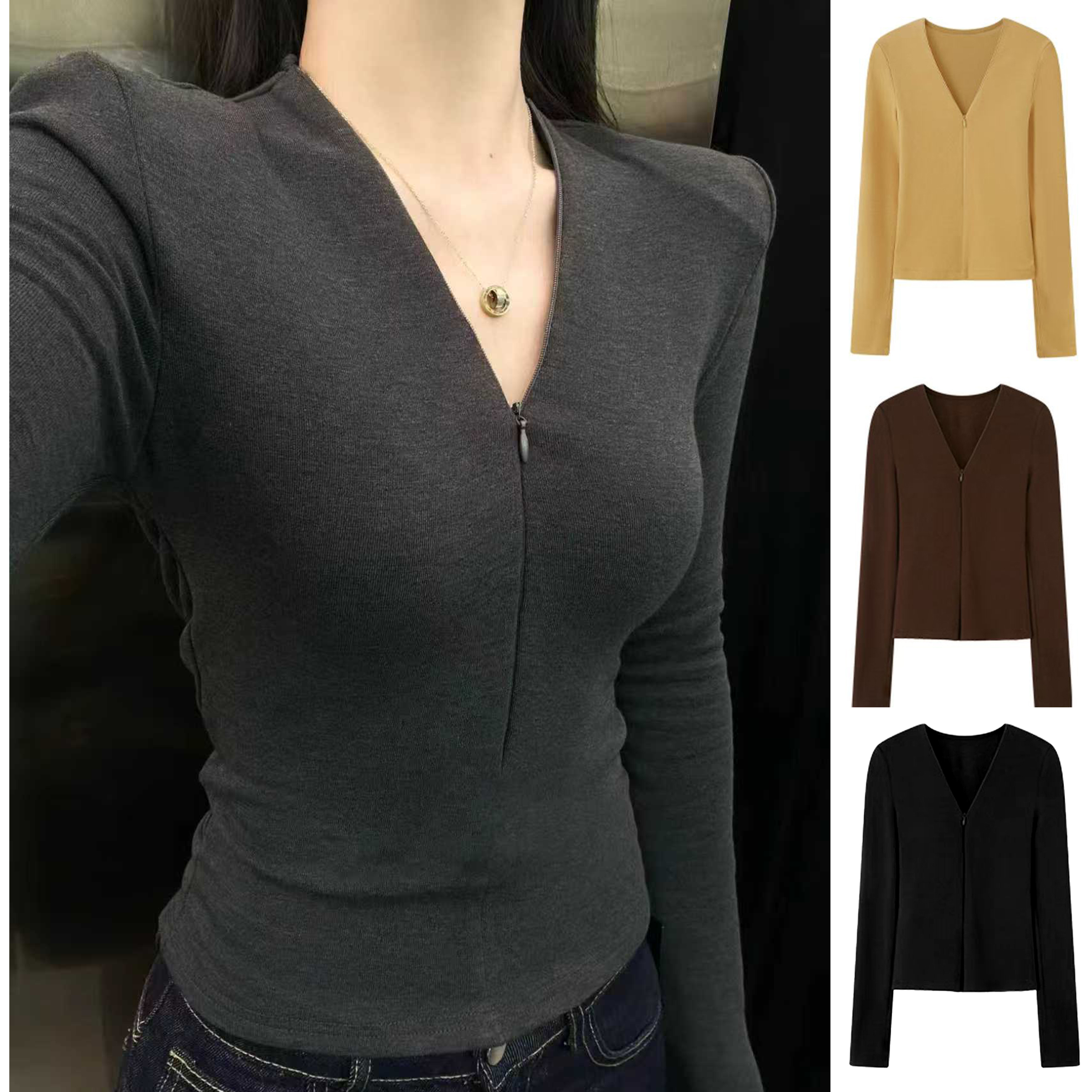 2025秋冬新款V领拉链上衣女双面绒高级感阳离子抗起球打底衫7155