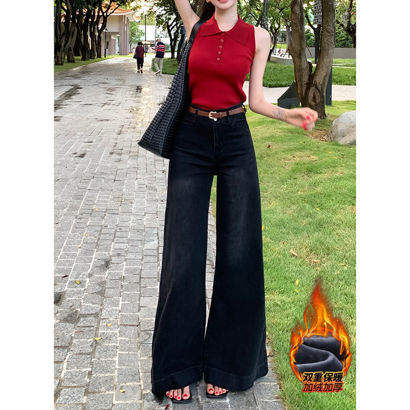 黑灰大裤脚垂感加绒阔腿牛仔裤女2025冬季高腰显瘦显腿长拖地裤