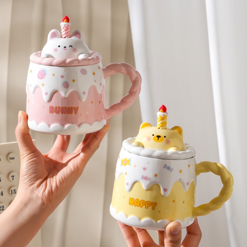 可爱生日蛋糕马克杯卡通动物陶瓷咖啡杯子带盖勺高颜值办公室水杯