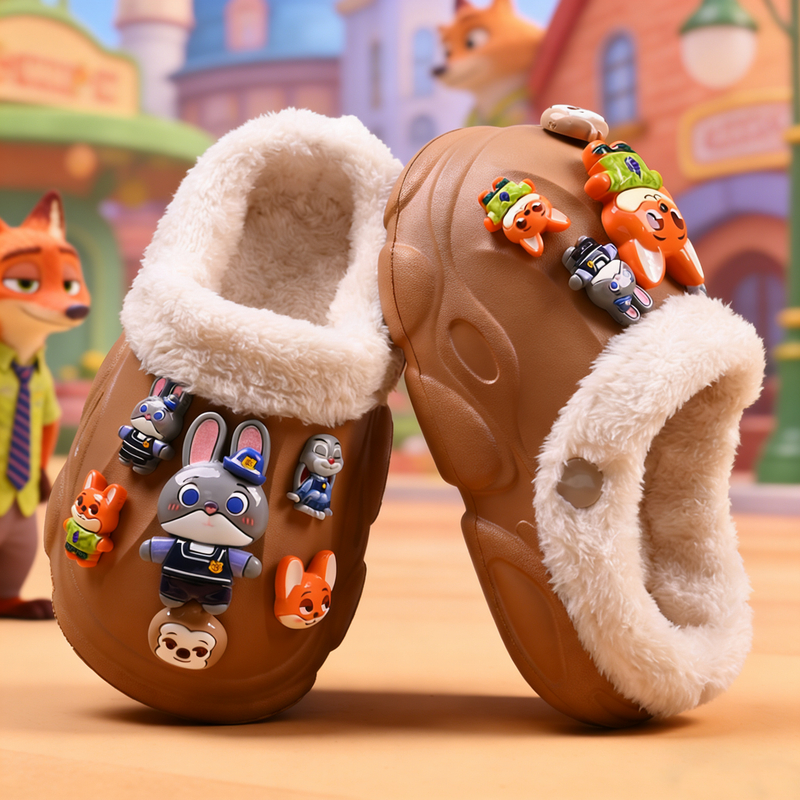 卡通儿童棉拖鞋冬季新款男童室内女童加绒保暖防滑拖鞋疯狂动物城