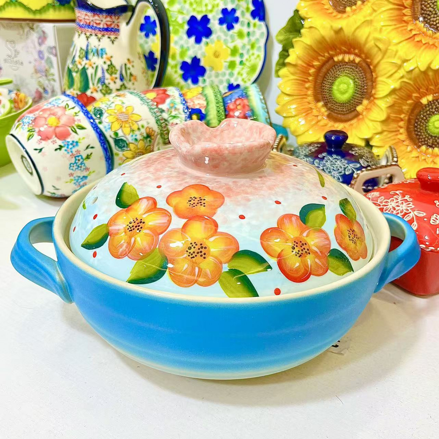 山城蓝樱花日式锂辉石2.5升砂锅可明火