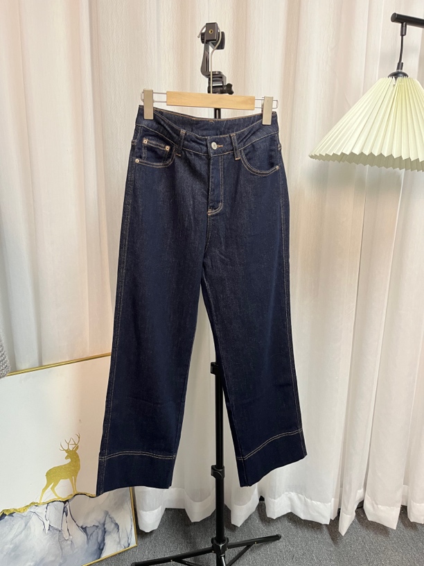 JX015深蓝色牛仔裤阔腿裤女新款高腰复古小个子加绒九分直筒裤