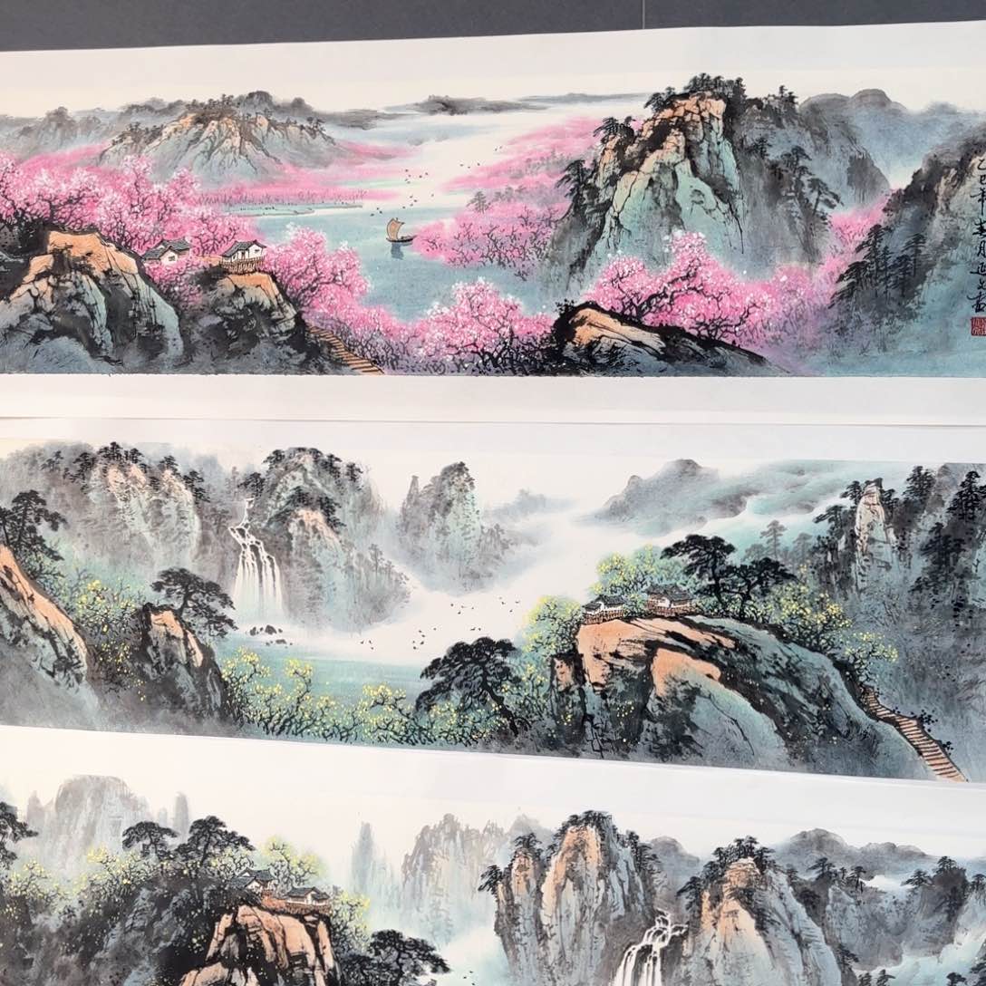 国画啊*?崔延文四尺对开童