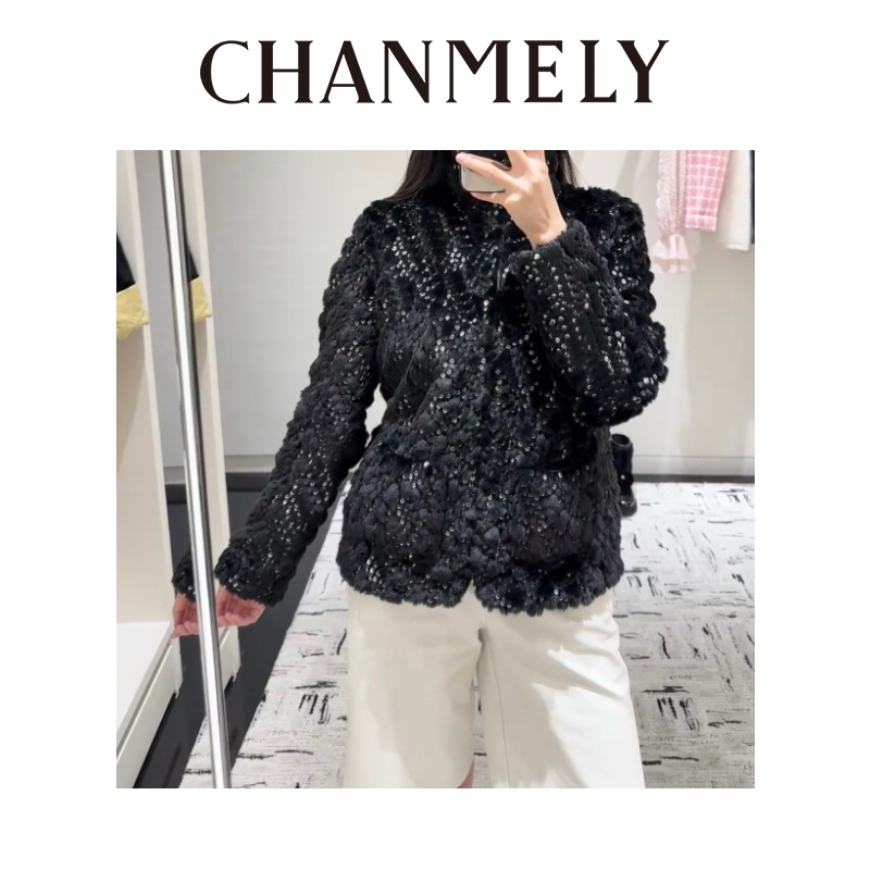 【CHANMELY】25/FW香风重工定制环保獭兔手工亮片刺绣外套0251069