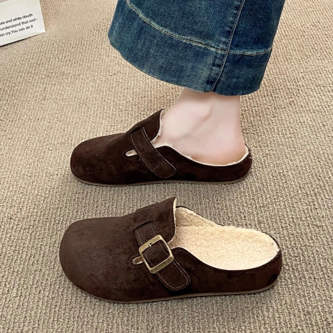舒适女款勃肯鞋厚底加绒勃肯半拖女鞋内增高软底休闲复古保暖女鞋