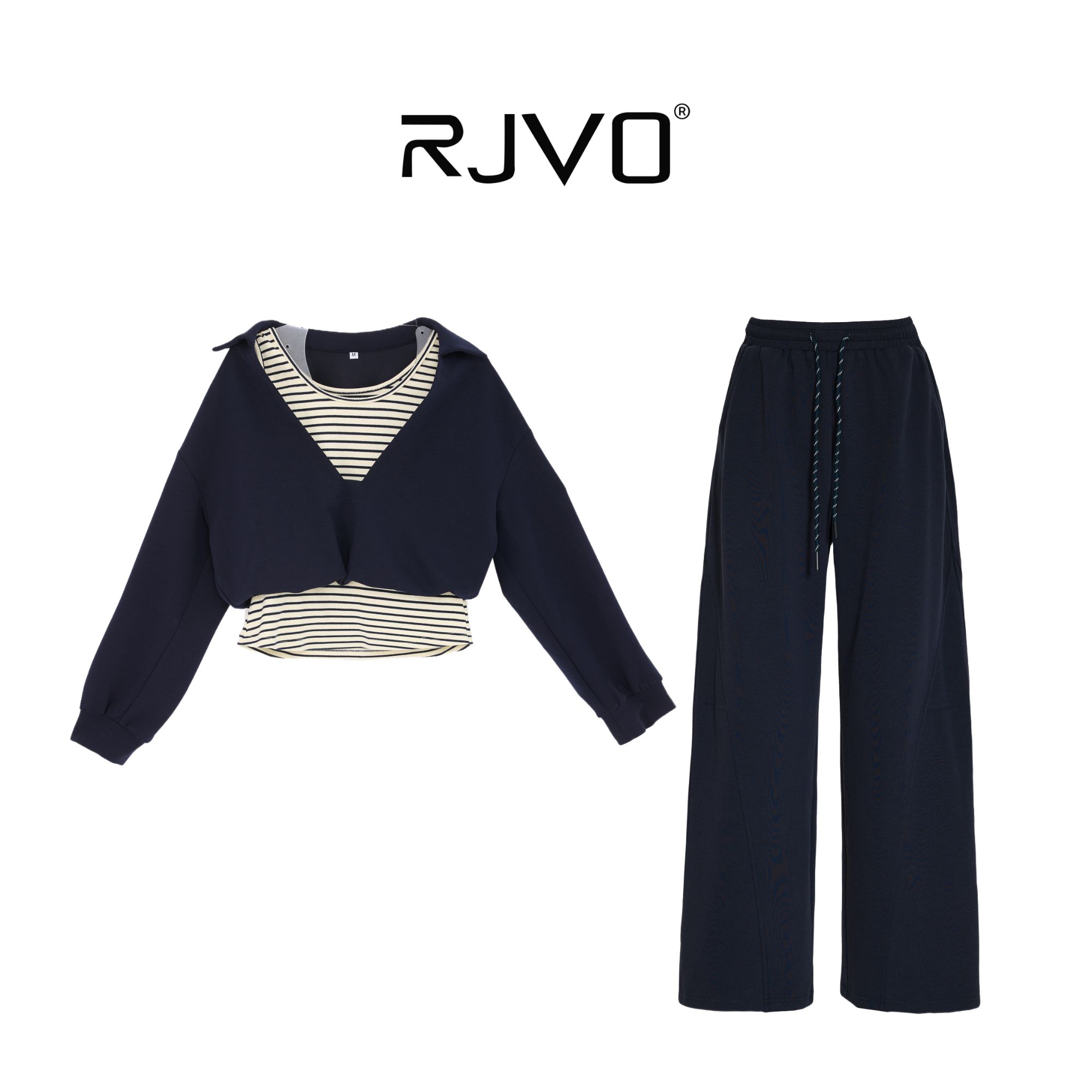 RJVO新款气质日常通勤宽松慵懒风拼接条纹假两件套装
