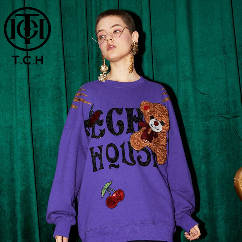 潮牌-TECHNO CHILLOUT HOUSE潮牌领结毛巾小熊紫色卫衣T214116047