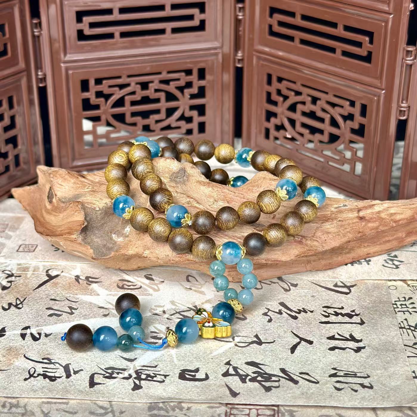 玉髓和沉香奇楠手串海蓝宝幸运之环吉祥如意合金手链HB461