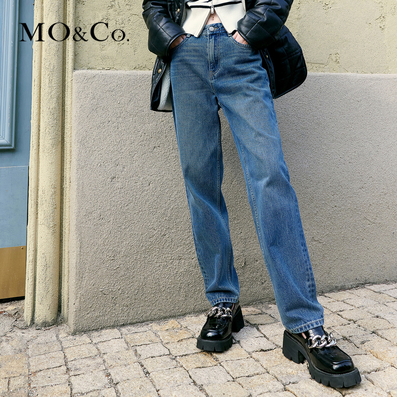 【赵老板专属】MOCO新复古高腰显瘦棉深蓝色时尚牛仔裤MBC3JENT19