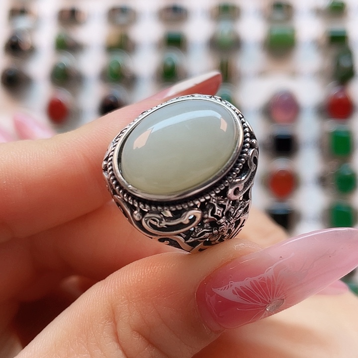 和田玉戒指银S925镶嵌