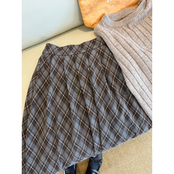 【短裙】格子百褶毛呢 秋冬复古高腰显瘦百搭中长款A字