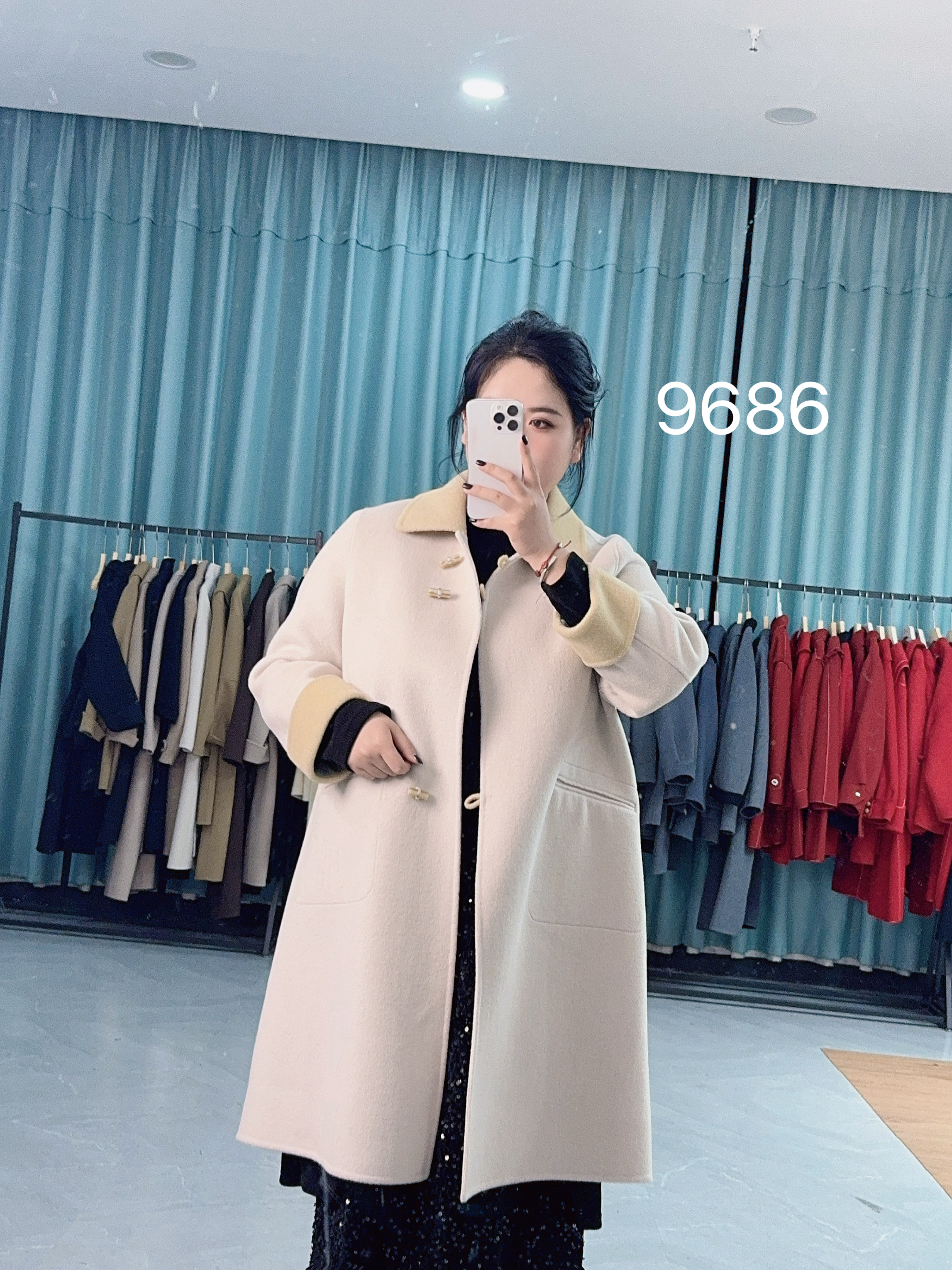 【9686】2025秋冬大码微胖妹妹设计师款拼接撞色长款羊毛大衣双面呢